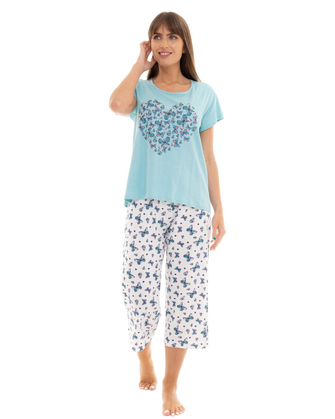 Duck Egg Butterfly 100% Cotton Short Sleeved Cropped Leg Pyjamas