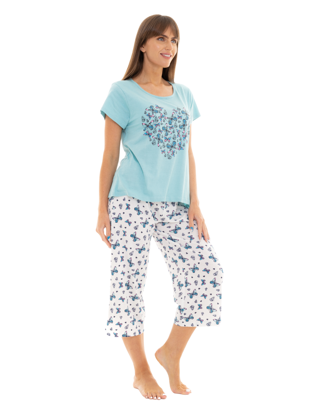 Duck Egg Butterfly 100% Cotton Short Sleeved Cropped Leg Pyjamas