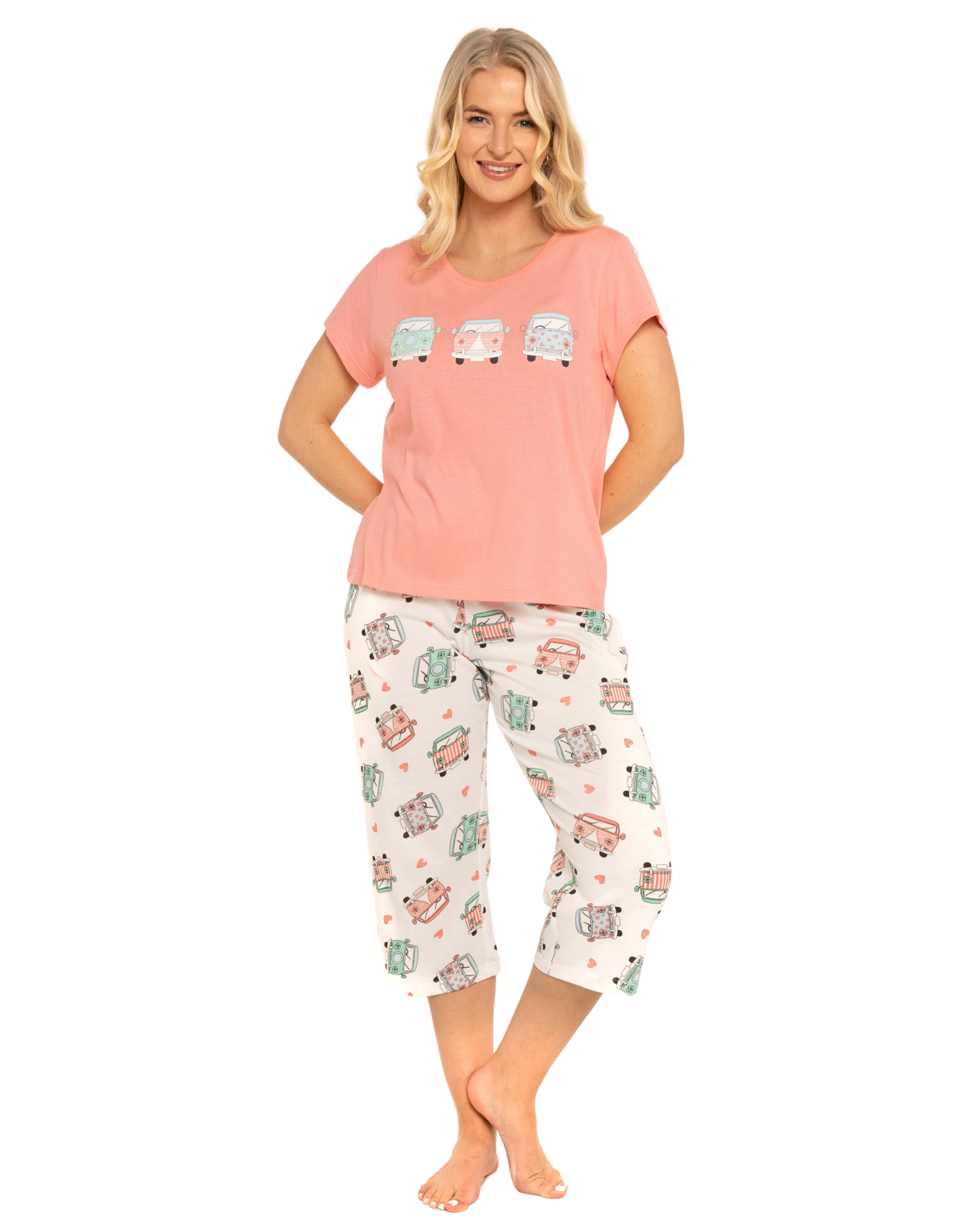 Coral Campervan 100% Cotton Short Sleeved Cropped Leg Pyjamas
