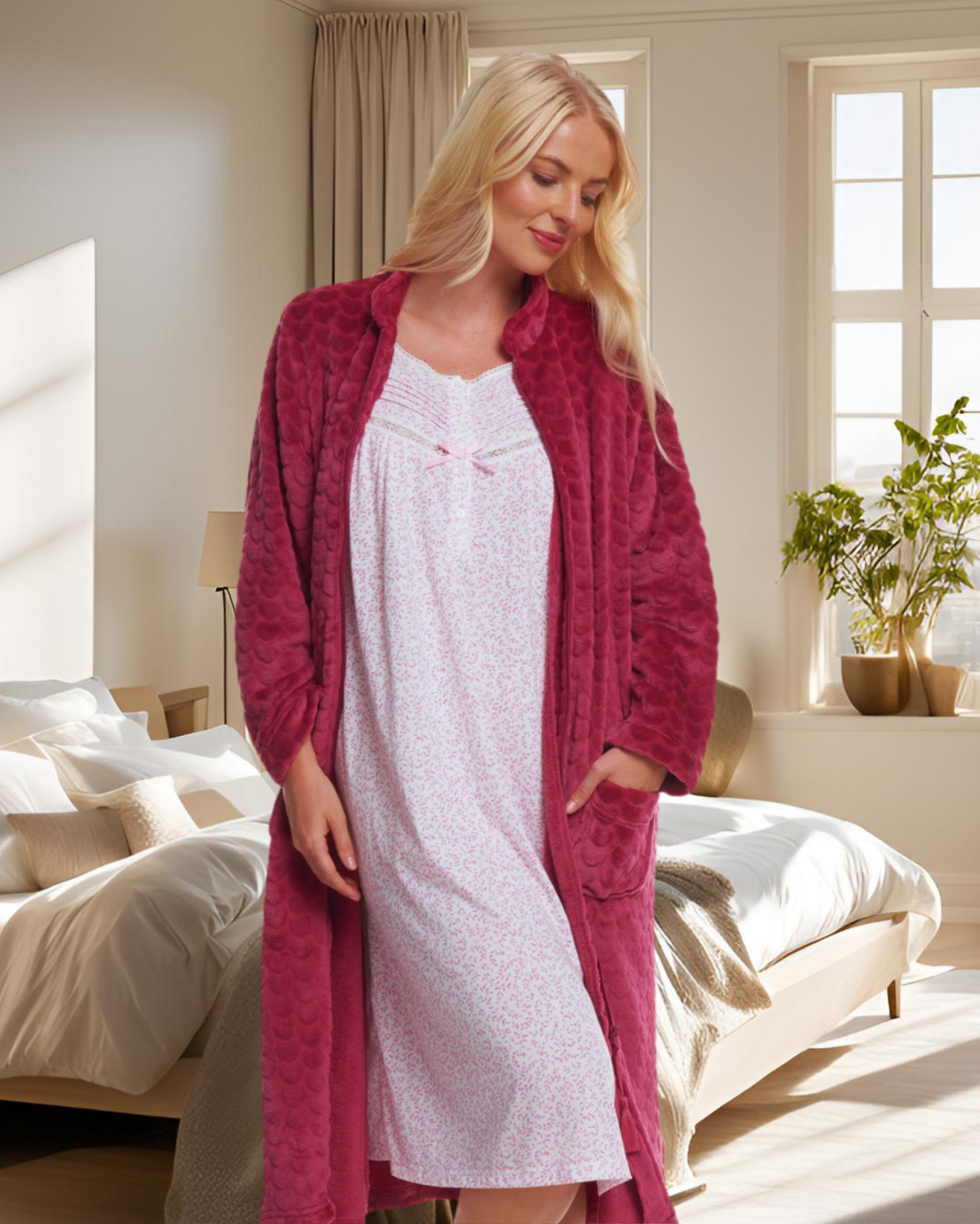 Luxury Embossed Fleece Zip Dressing Gown