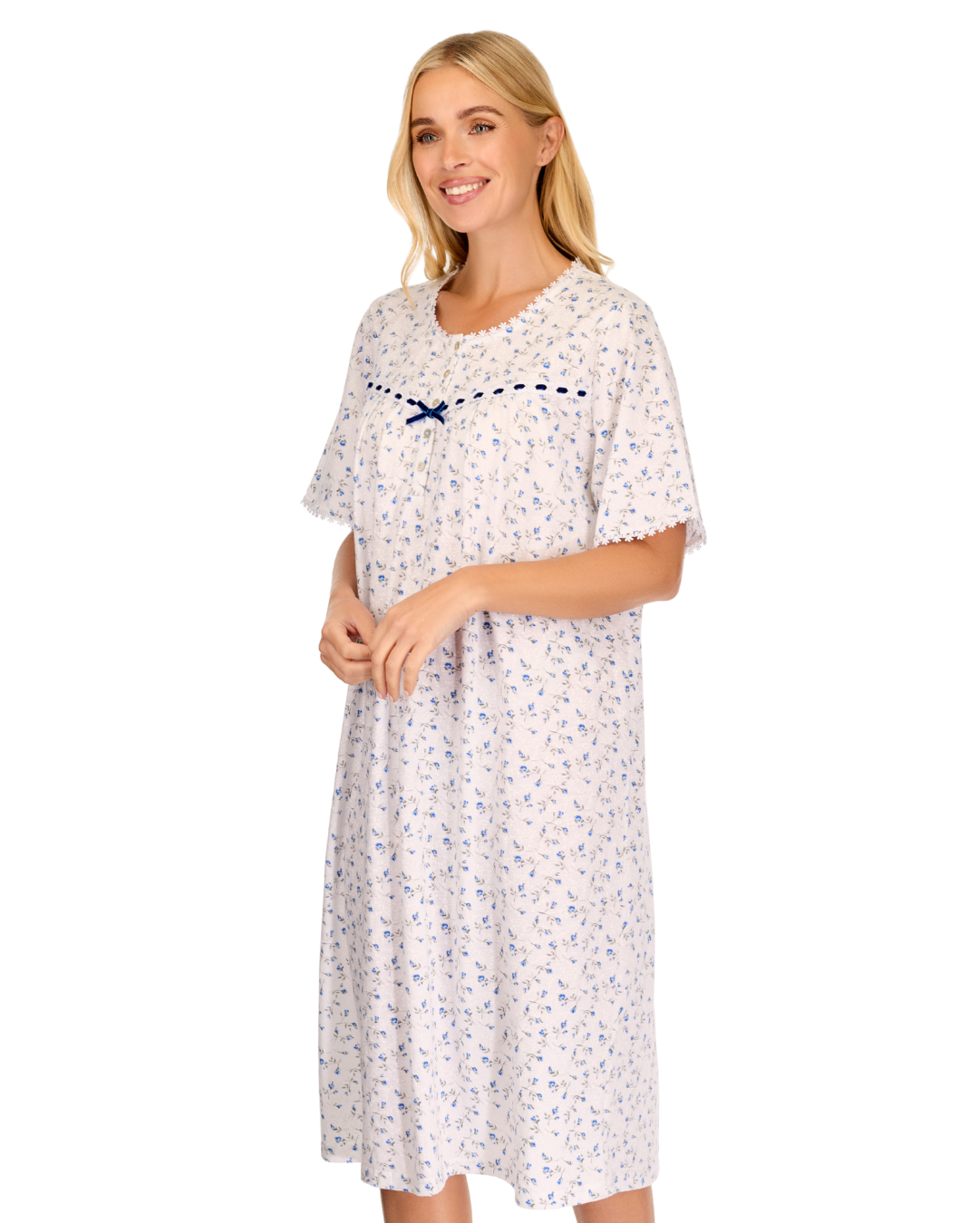 Womens Velvet Rose Nightdress, Cotton Rich, Jersey, Short Sleeve, Button Detail with Bow (LM05367)M