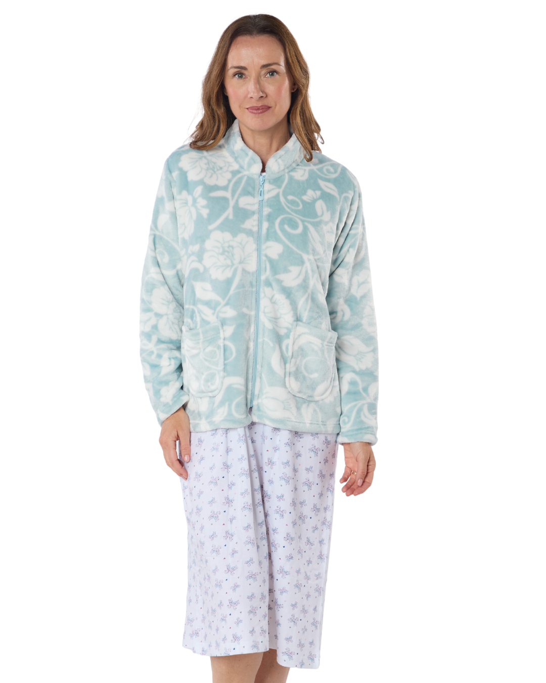 Luxury Elegance Printed Fleece Zip Bed Jacket (LM67546)