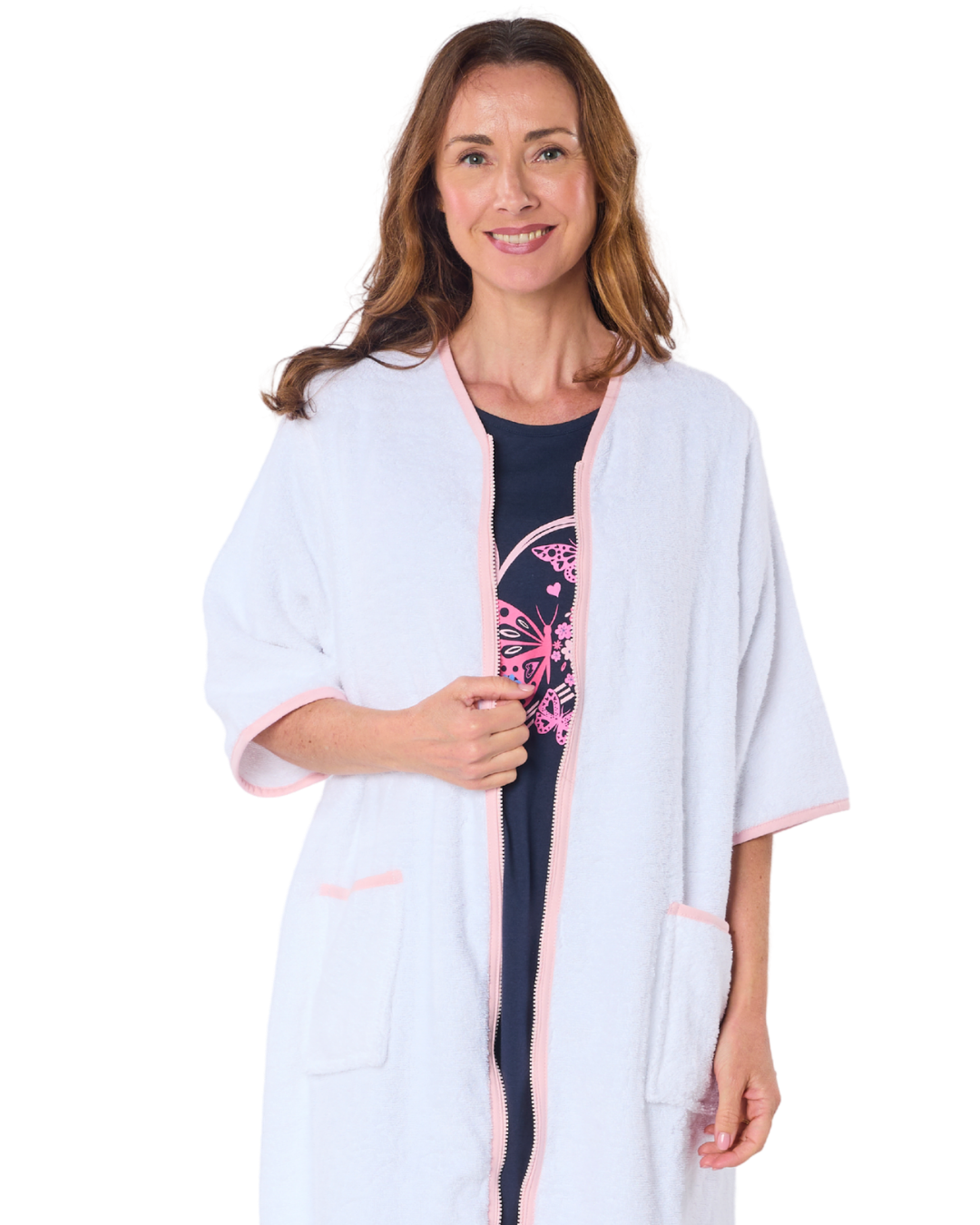 100% Cotton Towelling Zip 3/4 Sleeve Dressing Gown (LN3024)