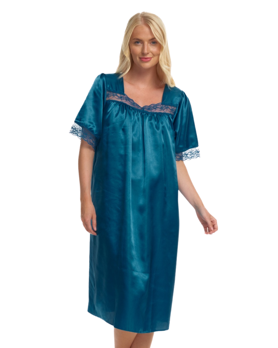 Short Sleeved Lace Trim Satin Nightdress