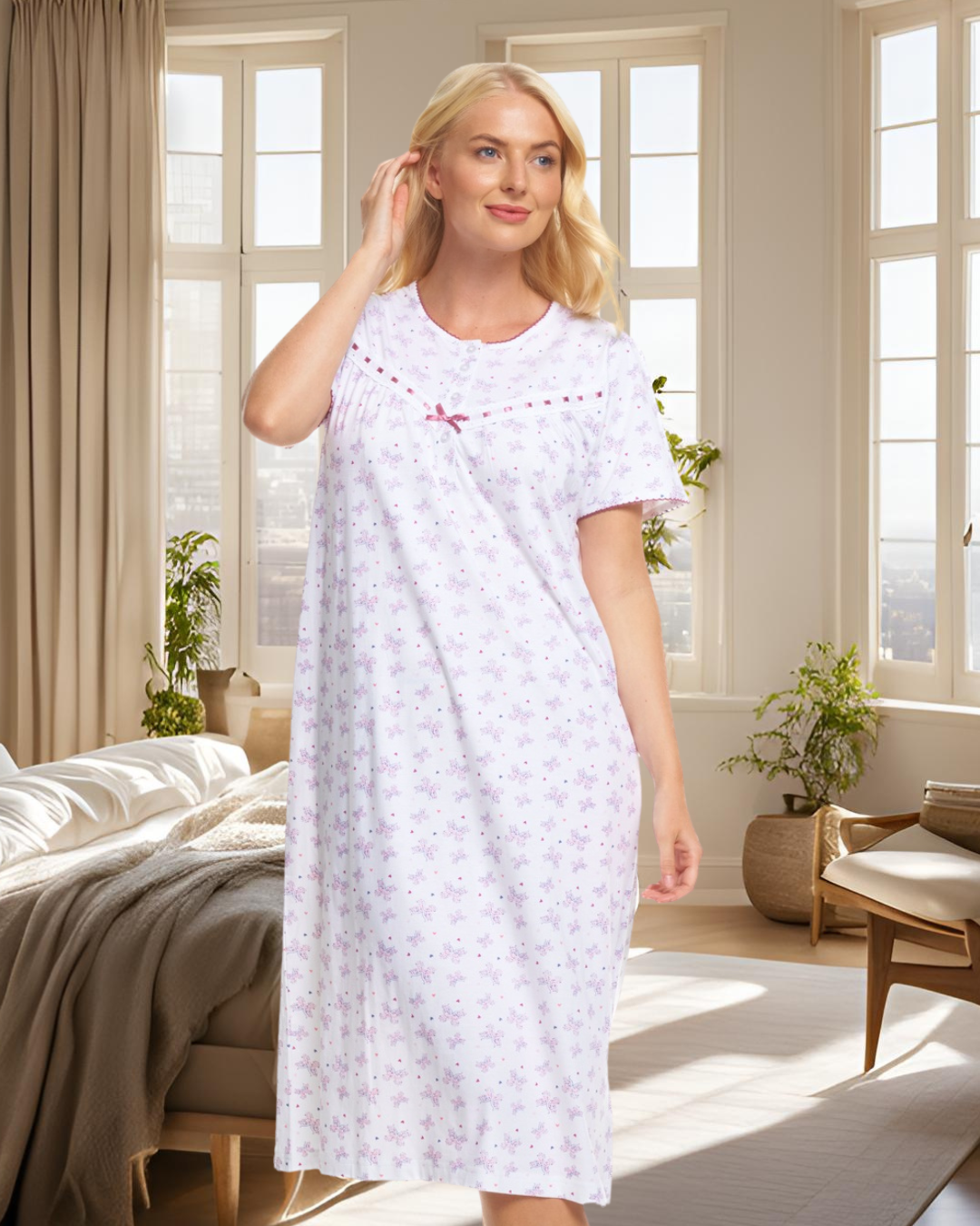 Butterfly Print 100% Cotton Jersey Short Sleeve Nightdress (MK31117)