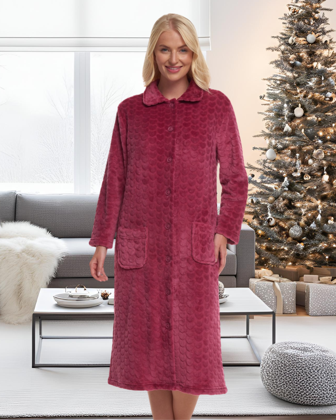 Luxury Embossed Fleece Button Up Dressing Gown