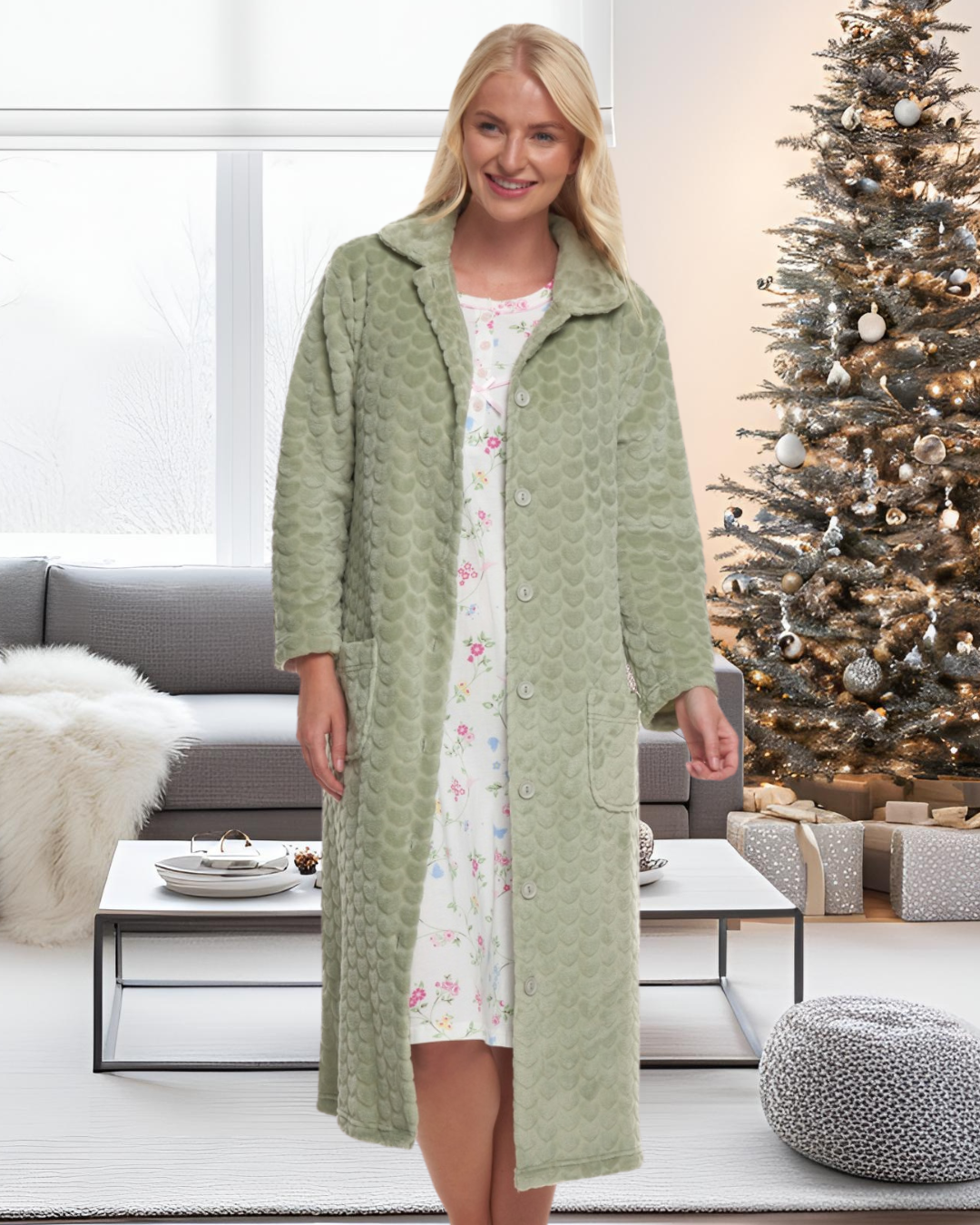 Luxury Embossed Fleece Button Up Dressing Gown