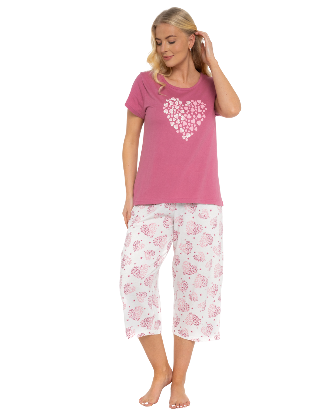 Raspberry Heart 100% Cotton Short Sleeved Crop Leg Pyjamas