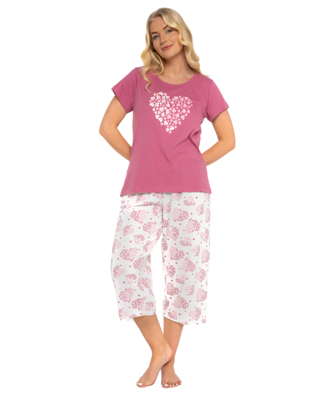 Raspberry Heart 100% Cotton Short Sleeved Crop Leg Pyjamas