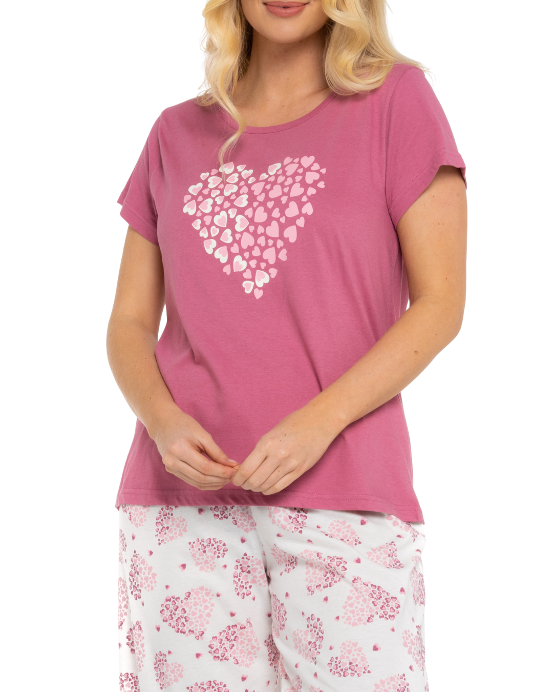 Raspberry Heart 100% Cotton Short Sleeved Crop Leg Pyjamas