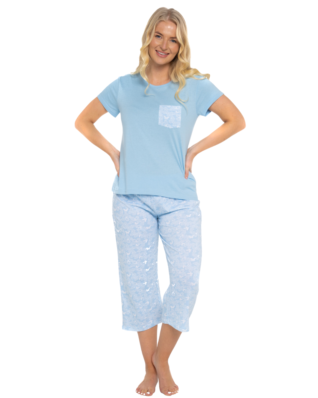 Soft Blue Lace Butterfly 100% Cotton Short Sleeved Cropped Leg Pyjamas