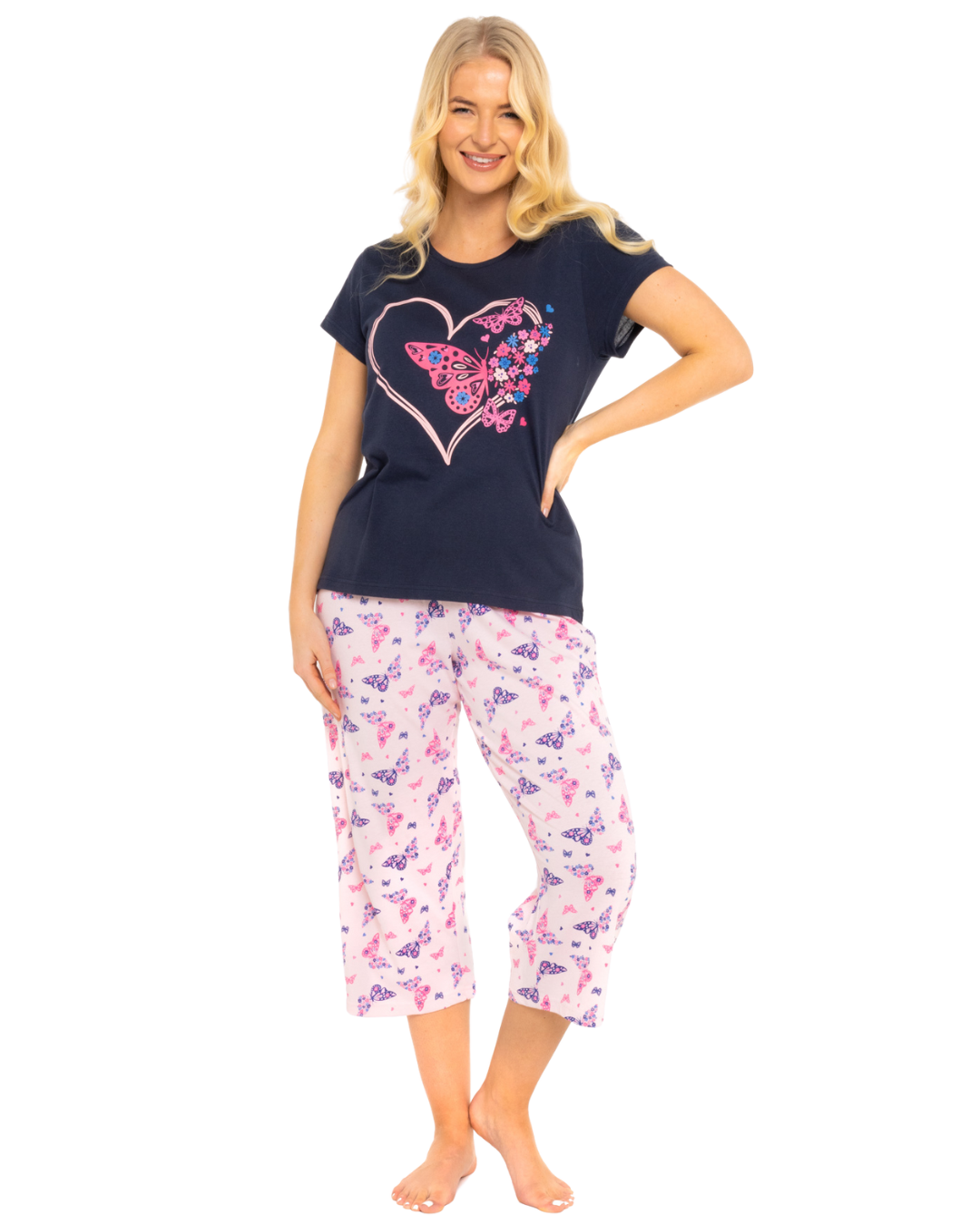 Navy Summer Heart 100% Cotton Short Sleeved Cropped Leg Pyjamas