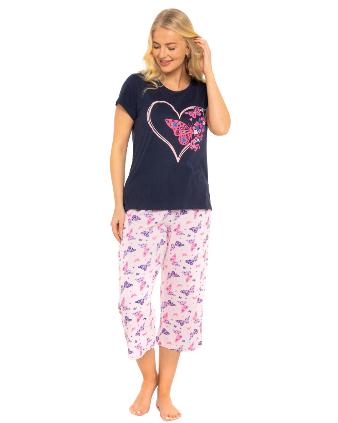 Navy Summer Heart 100% Cotton Short Sleeved Cropped Leg Pyjamas