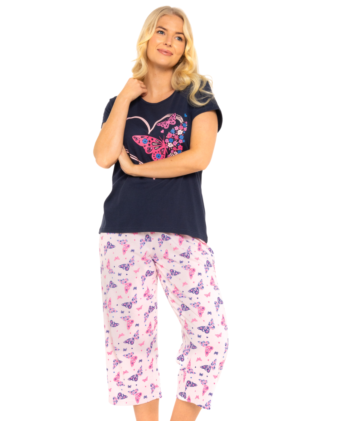 Navy Summer Heart 100% Cotton Short Sleeved Cropped Leg Pyjamas