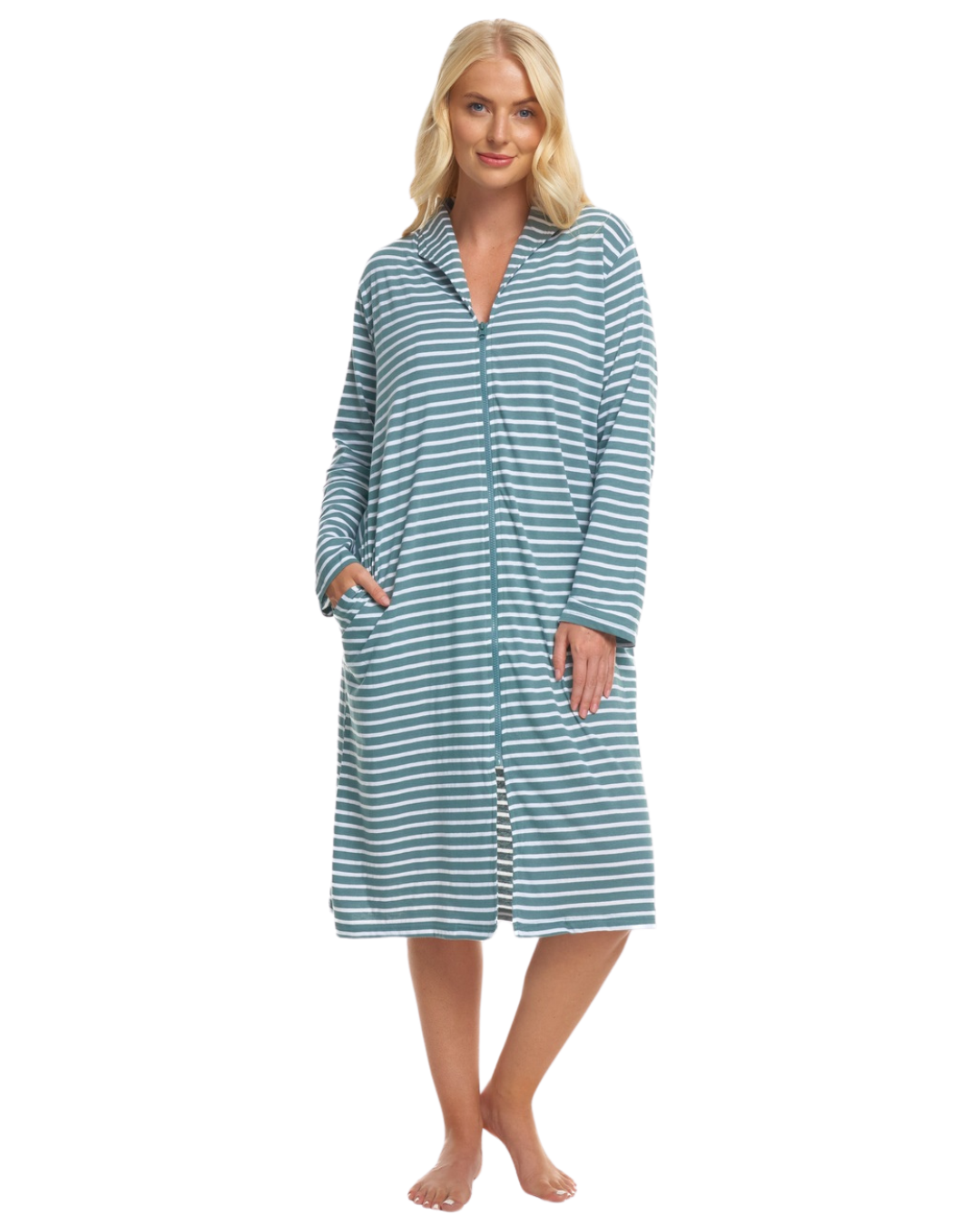 Cotton Stripe Zip Dressing Gown