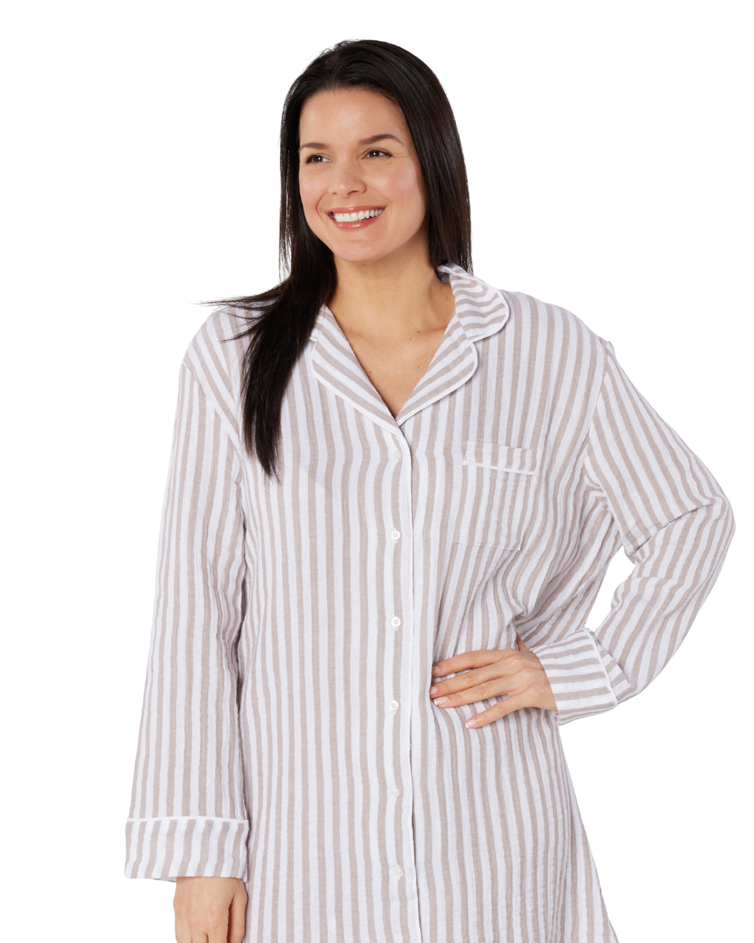 Taupe Stripe Button Through Cotton Store Group Nightshirt