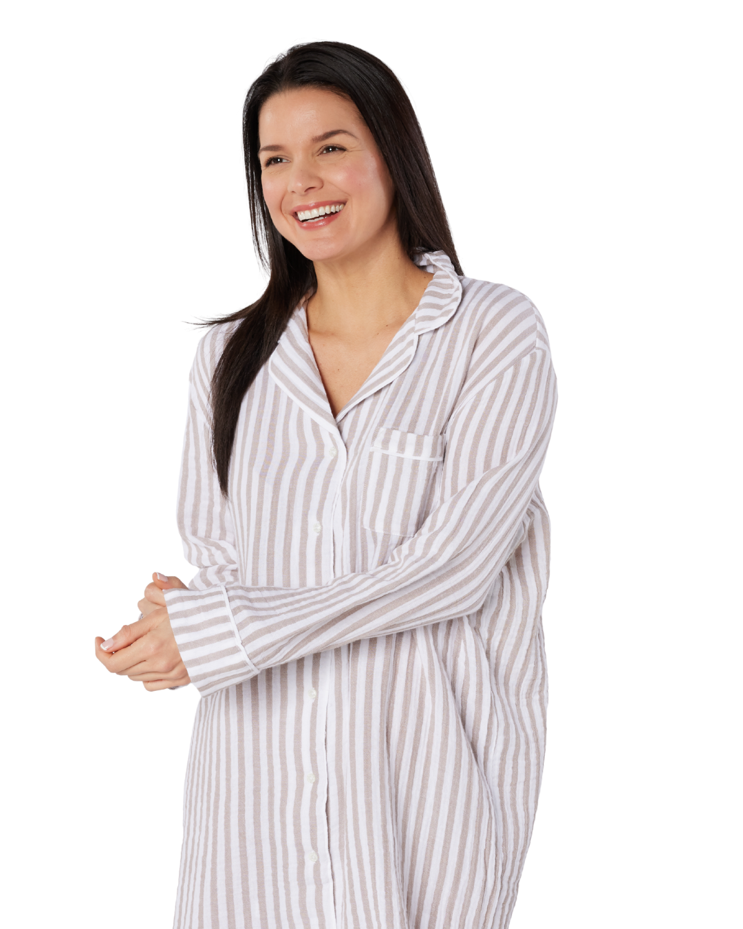 Taupe Stripe Button Through Cotton Store Group Nightshirt