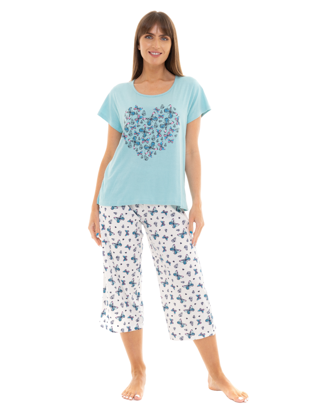 Duck Egg Butterfly 100% Cotton Short Sleeved Cropped Leg Pyjamas