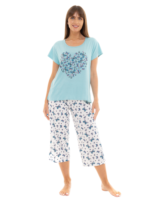 Duck Egg Butterfly 100% Cotton Short Sleeved Cropped Leg Pyjamas