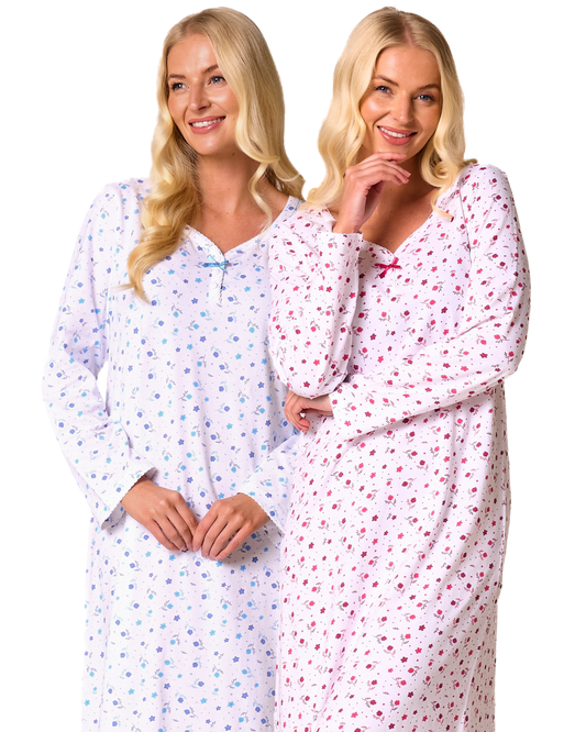 Ditsy Floral Print 100% Cotton Jersey Long Sleeve Nightshirt