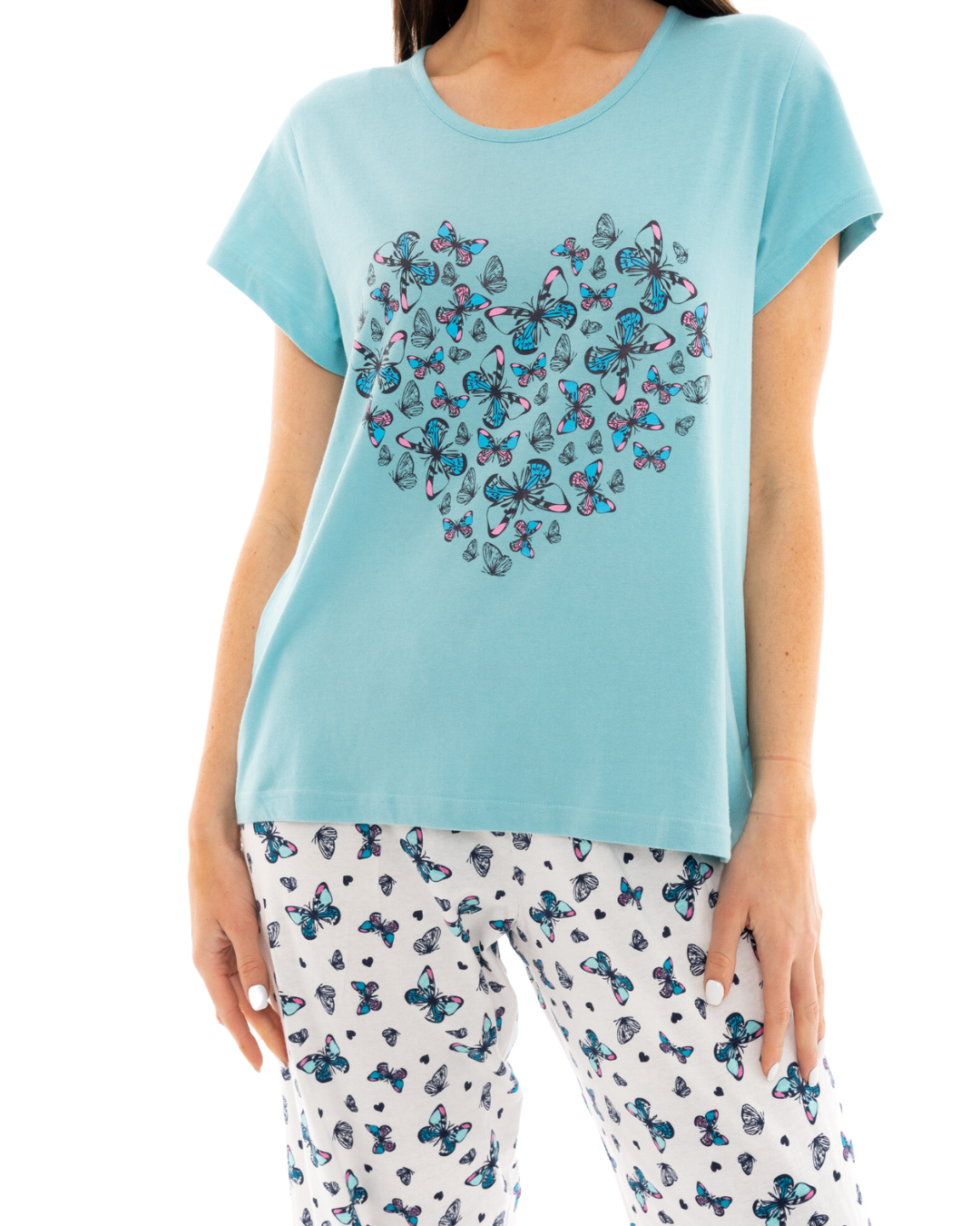 Duck Egg Butterfly 100% Cotton Short Sleeved Cropped Leg Pyjamas