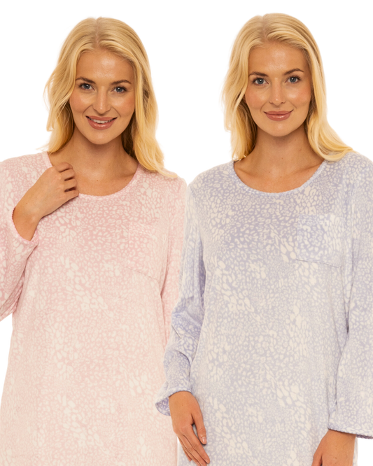 Animal Print Long Sleeved Polished Fleece Nightshirts