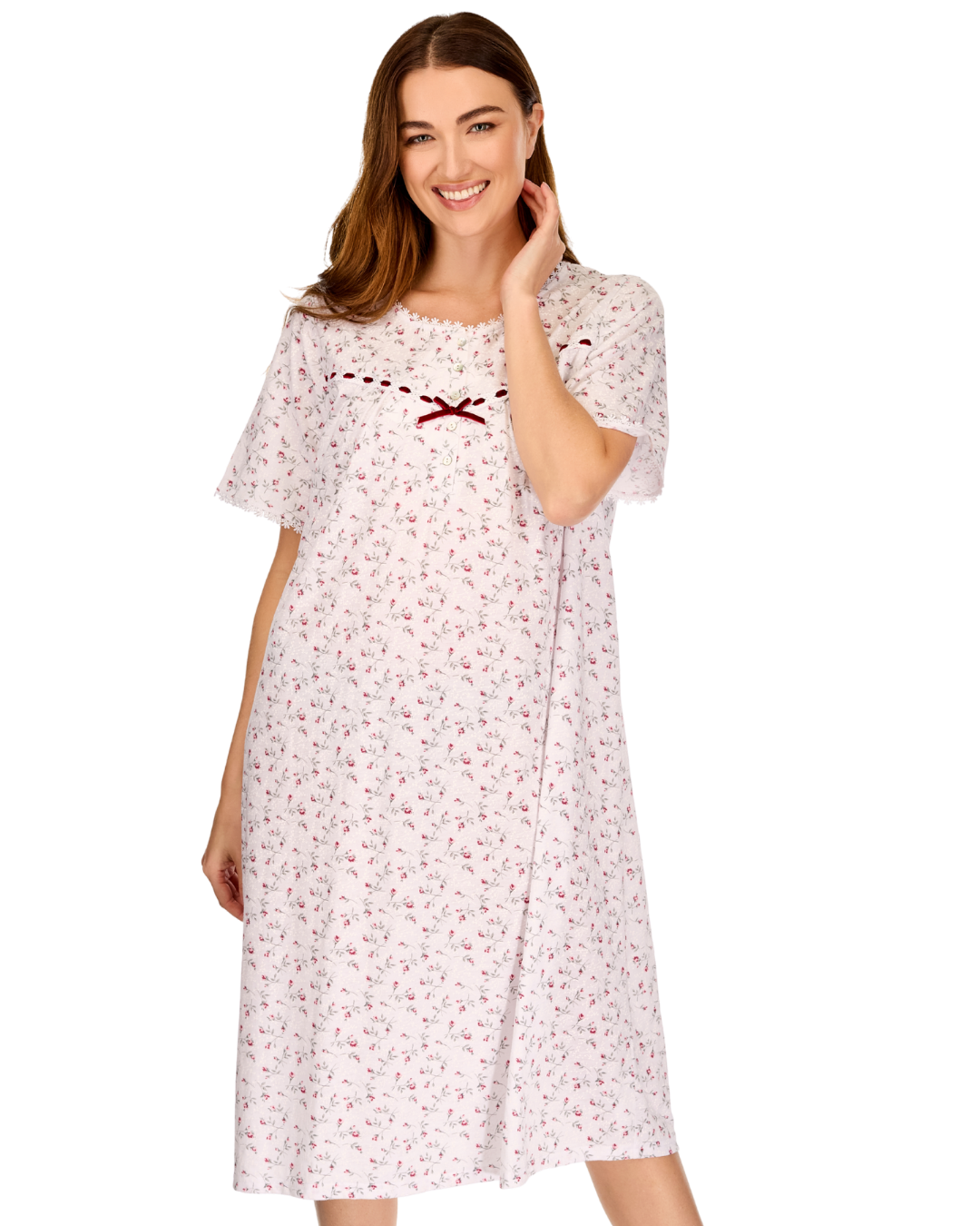 Womens Velvet Rose Nightdress, Cotton Rich, Jersey, Short Sleeve, Button Detail with Bow (LM05367)M