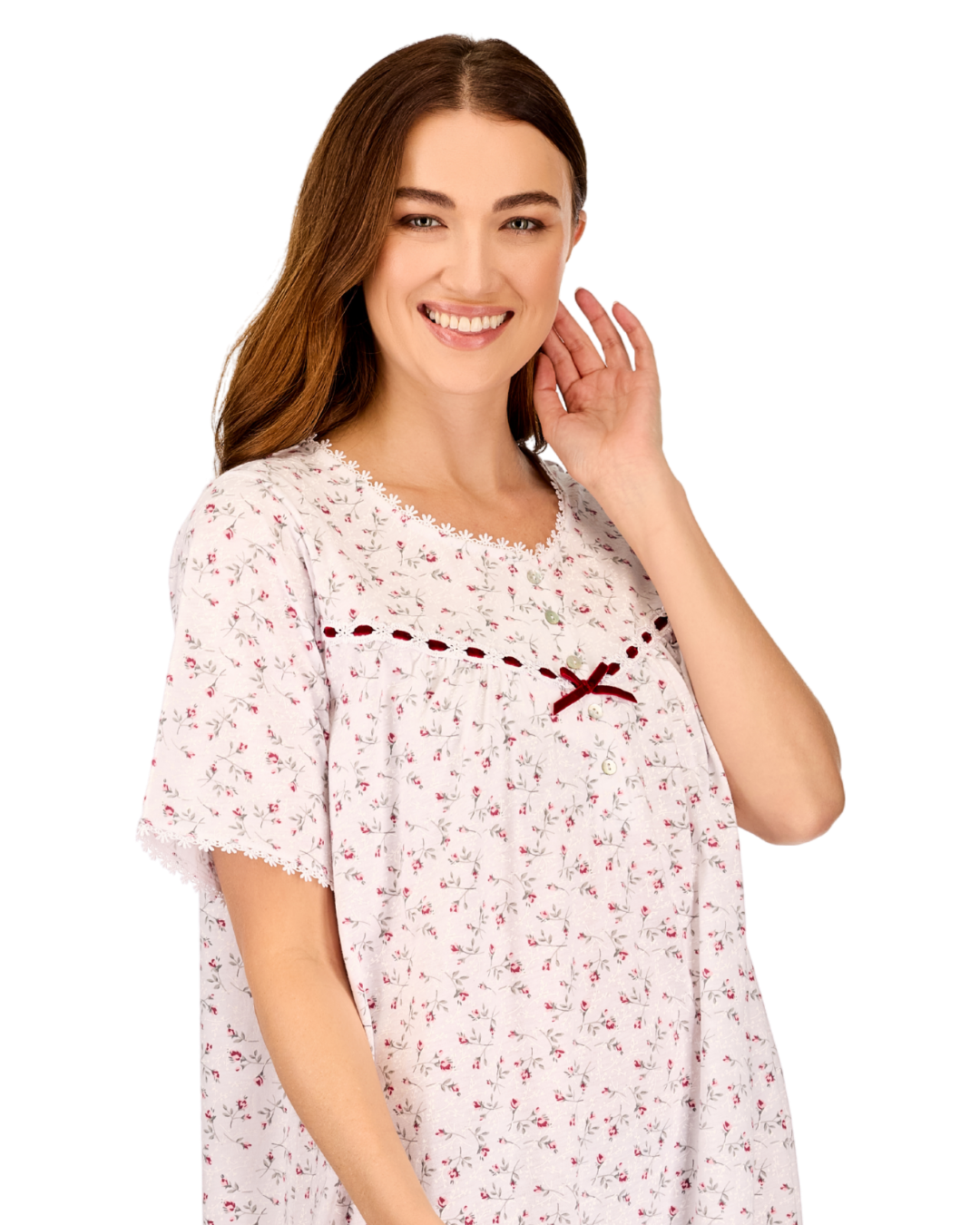 Womens Velvet Rose Nightdress, Cotton Rich, Jersey, Short Sleeve, Button Detail with Bow (LM05367)M