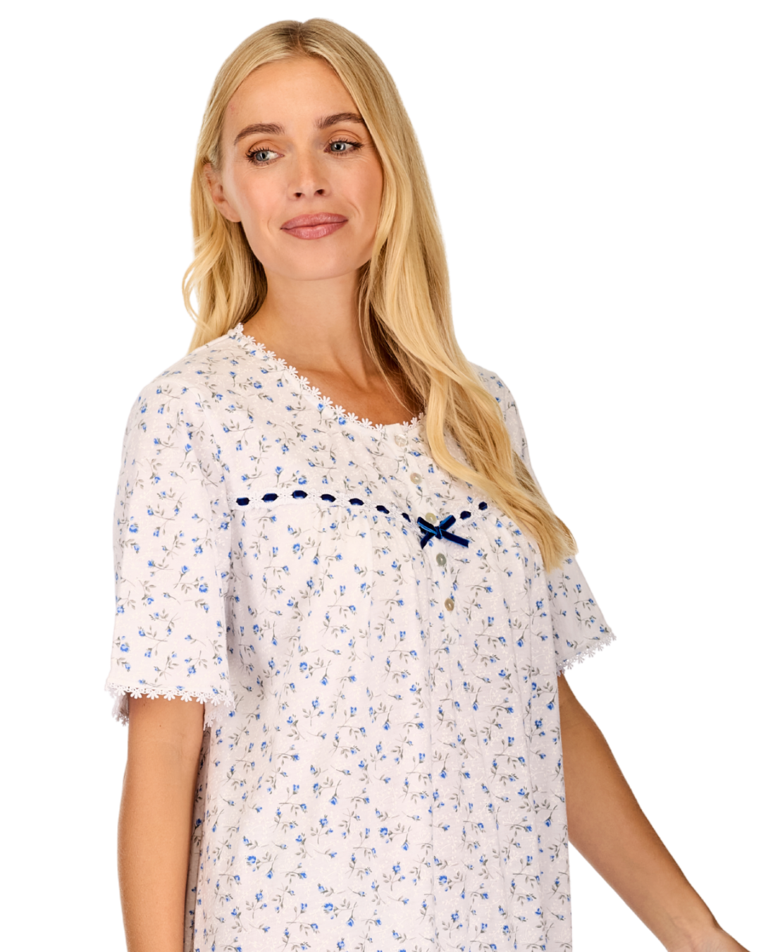 Womens Velvet Rose Nightdress, Cotton Rich, Jersey, Short Sleeve, Button Detail with Bow (LM05367)M