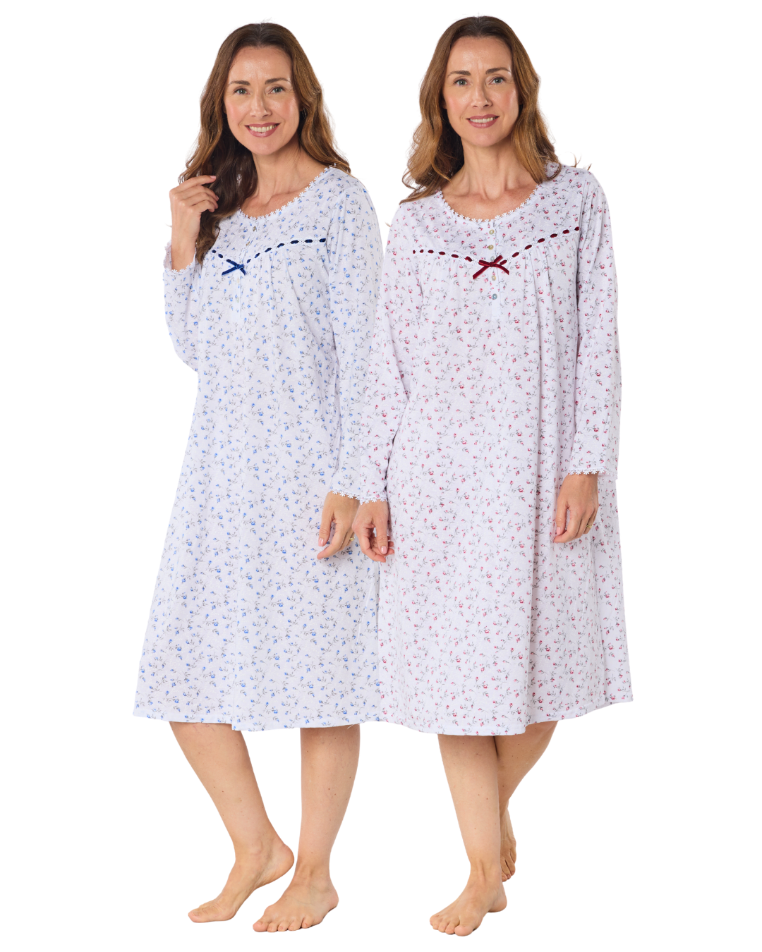 Womens Velvet Rose Nightdress, Cotton Rich, Jersey, Long Sleeve, Button Detail with Bow (LM07331)