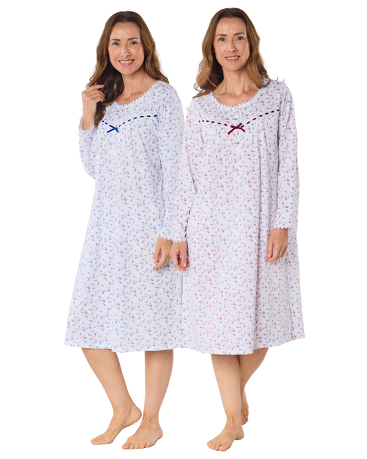 Womens Velvet Rose Nightdress, Cotton Rich, Jersey, Long Sleeve, Button Detail with Bow (LM07331)