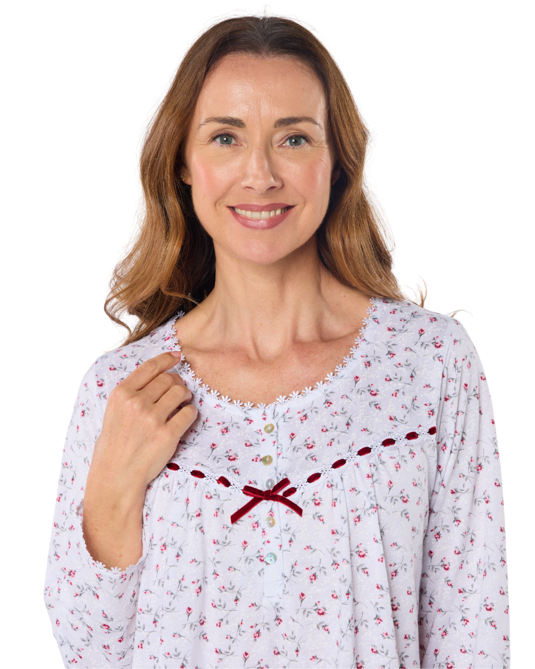 Womens Velvet Rose Nightdress, Cotton Rich, Jersey, Long Sleeve, Button Detail with Bow (LM07331)