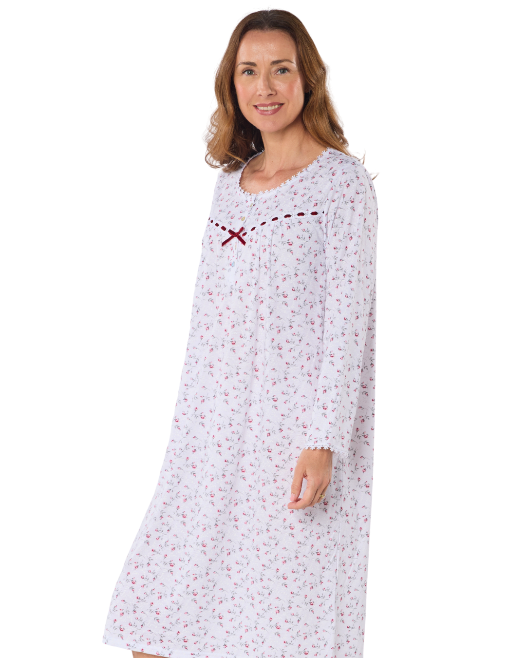 Womens Velvet Rose Nightdress, Cotton Rich, Jersey, Long Sleeve, Button Detail with Bow (LM07331)
