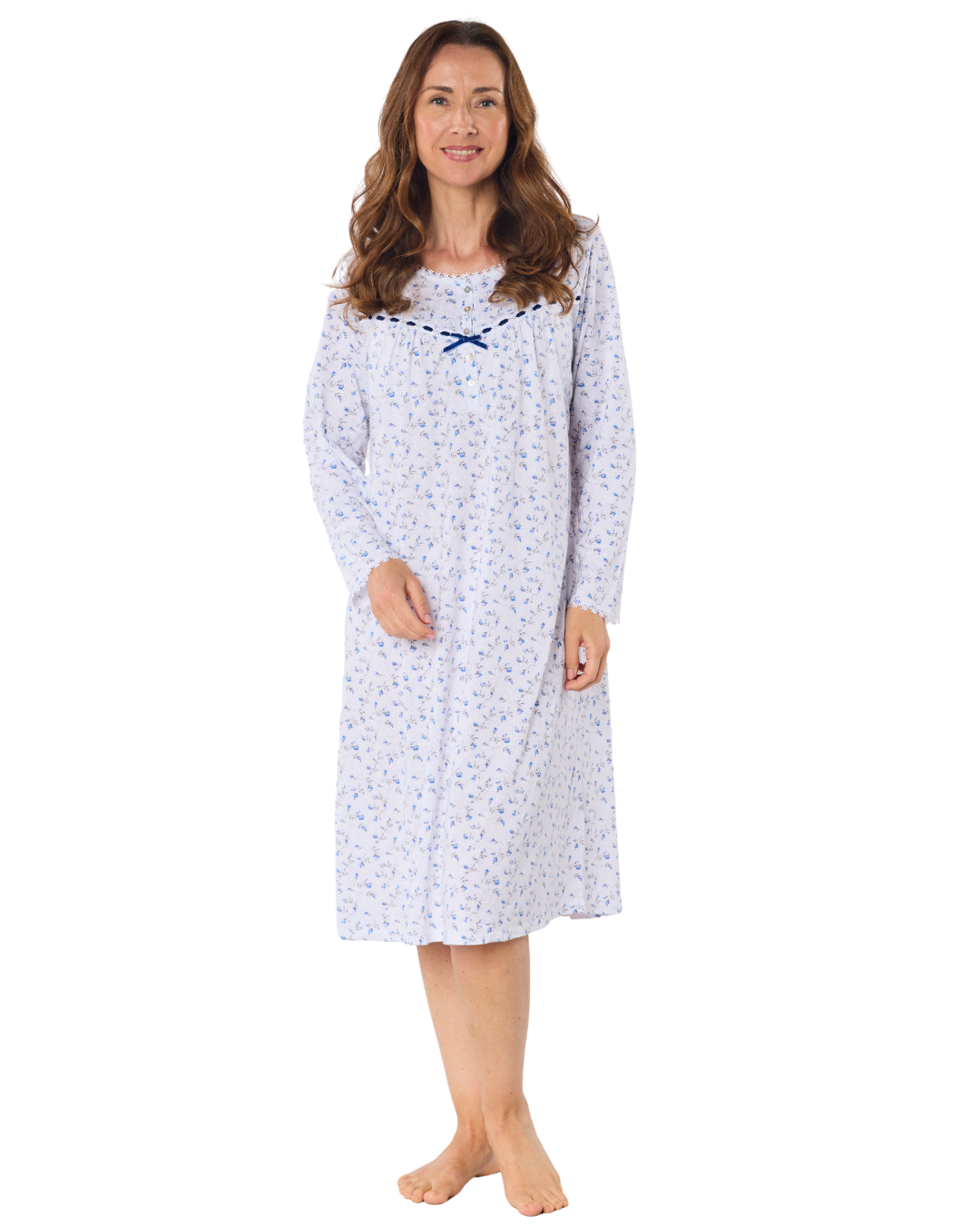 Womens Velvet Rose Nightdress, Cotton Rich, Jersey, Long Sleeve, Button Detail with Bow (LM07331)