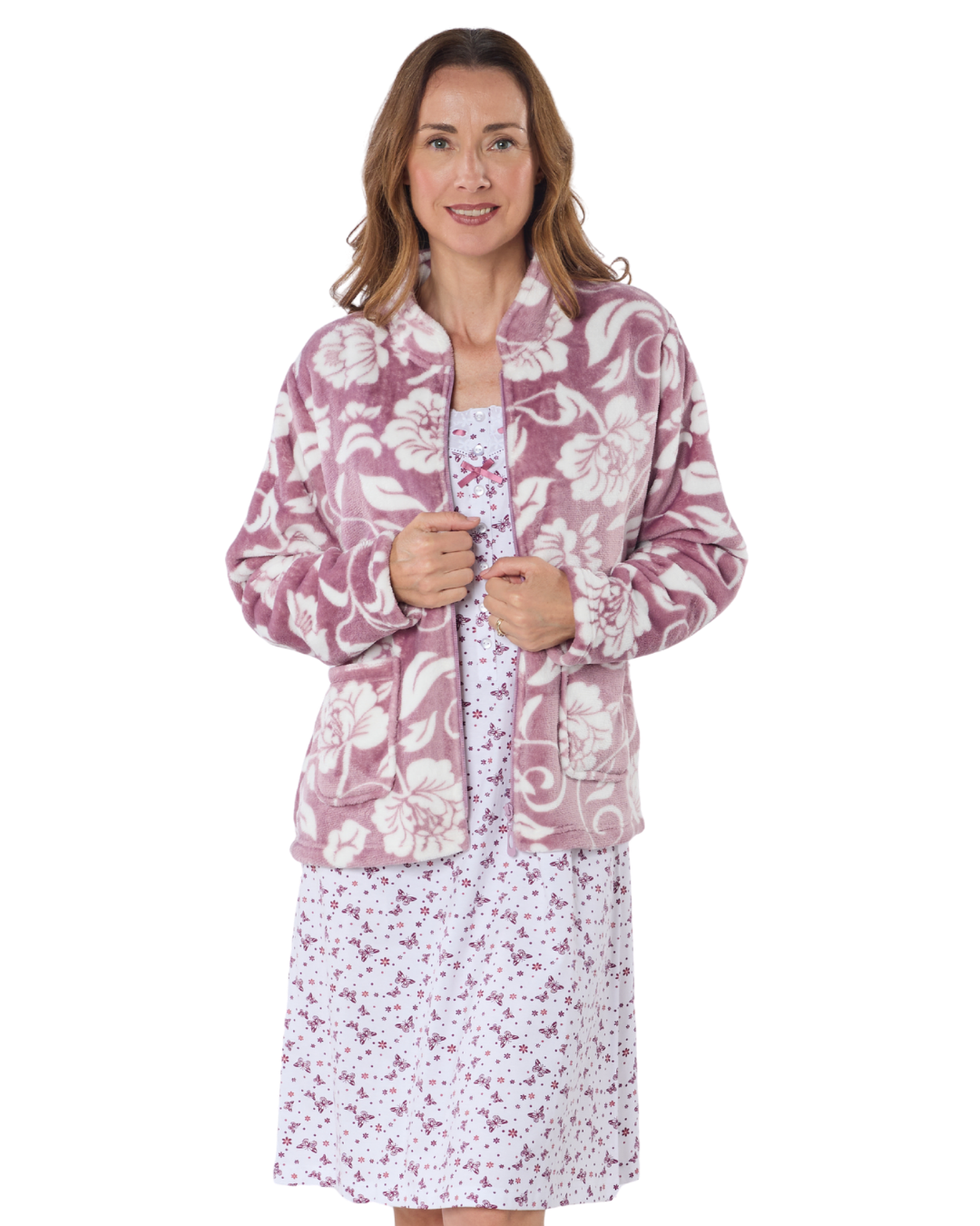 Luxury Elegance Printed Fleece Zip Bed Jacket (LM67546)
