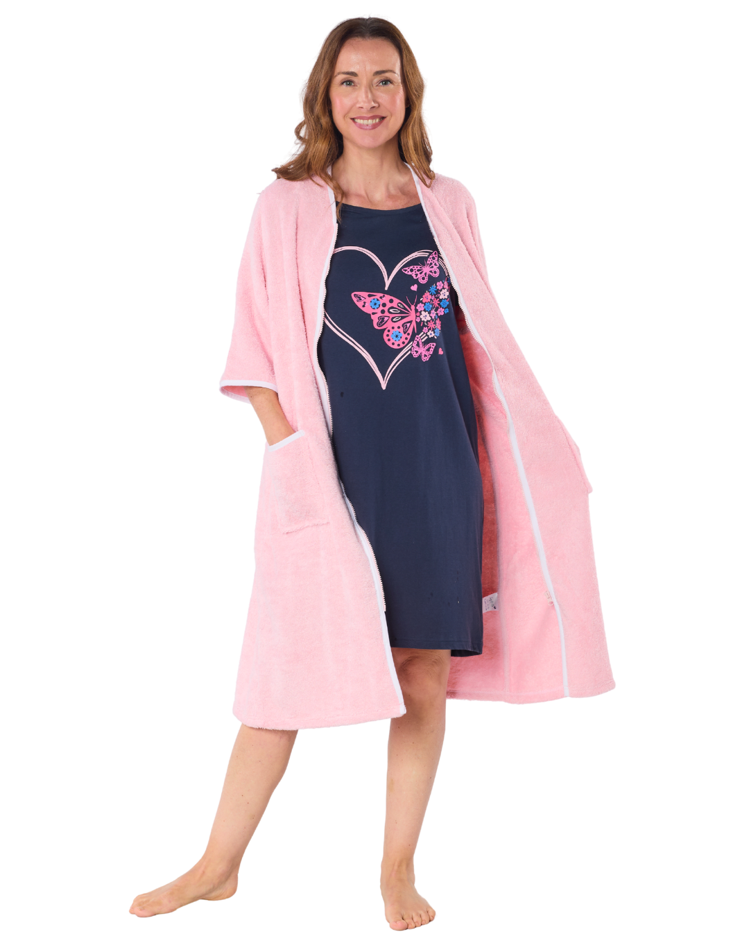100% Cotton Towelling Zip 3/4 Sleeve Dressing Gown (LN3024)