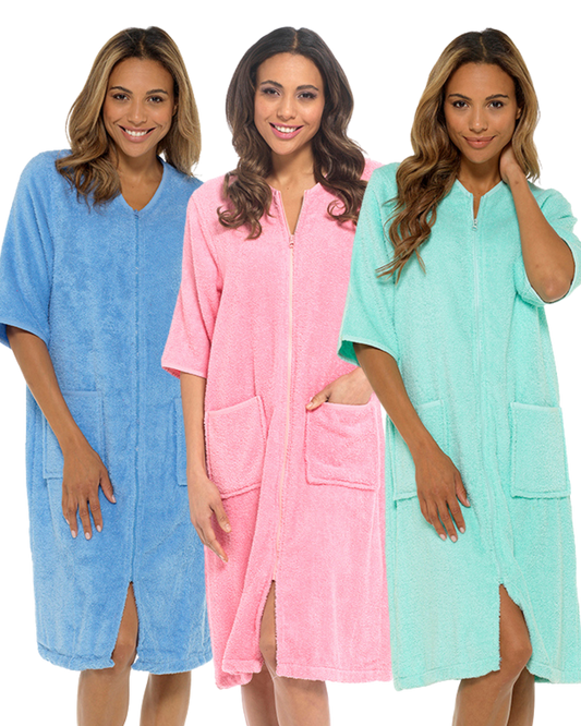 Women's 100% Cotton Towelling Zip 3/4 Sleeve Dressing Gown