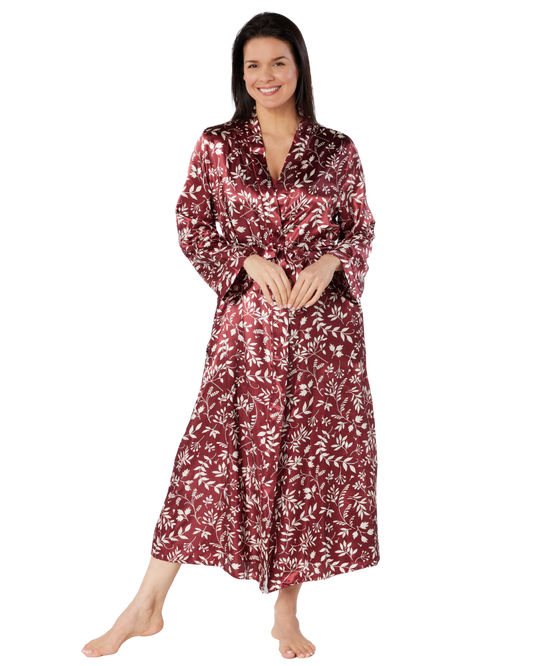 Satin Autumn Bouquet Printed Tie Waist Long Sleeve Dressing Gown