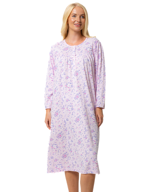 Ladies 100% Cotton Long Sleeve 45" Length Floral Bouquet Nightdress (MA45780)