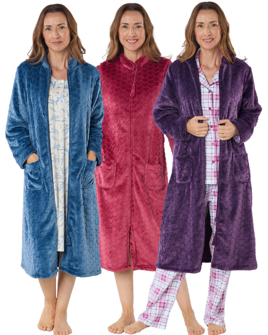 Luxury Embossed Fleece Zip Dressing Gown (MK30329)