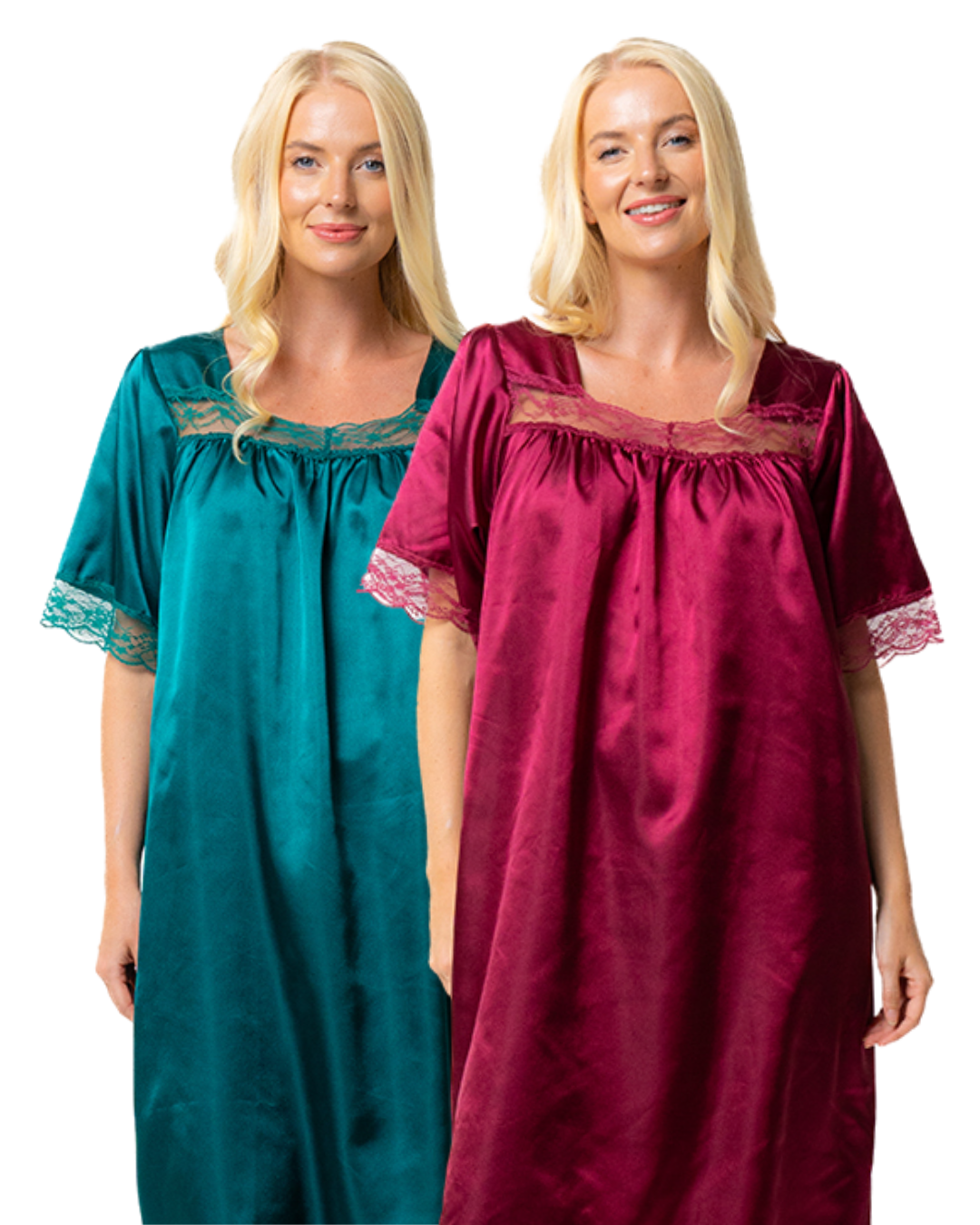 Short Sleeved Lace Trim Satin Nightdress (MK43596)