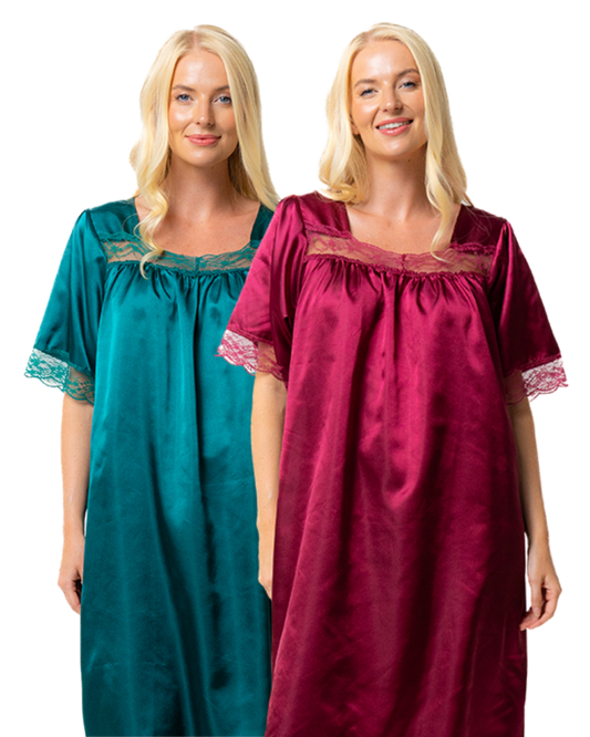 Short Sleeved Lace Trim Satin Nightdress (MK43596)