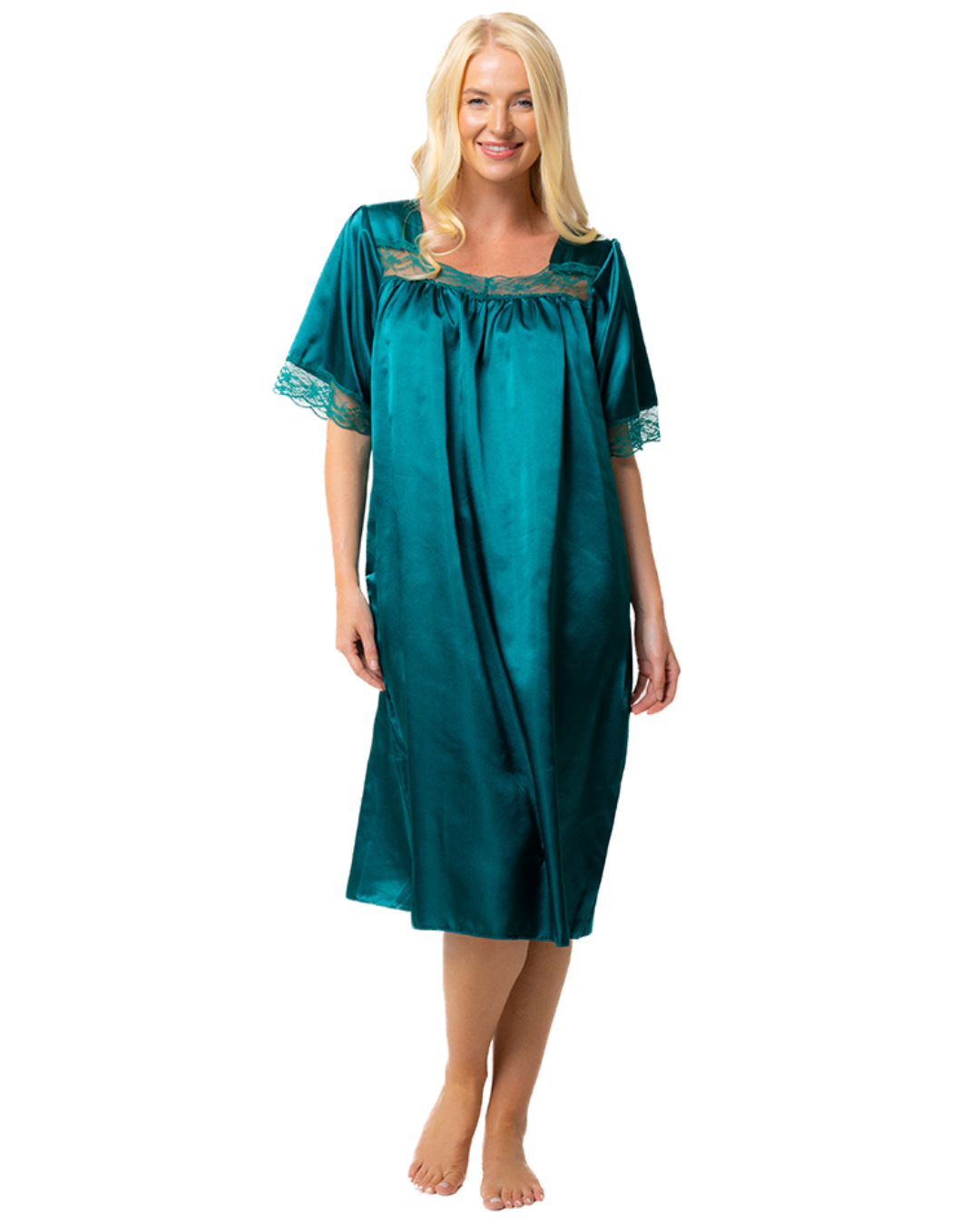 Short Sleeved Lace Trim Satin Nightdress (MK43596)
