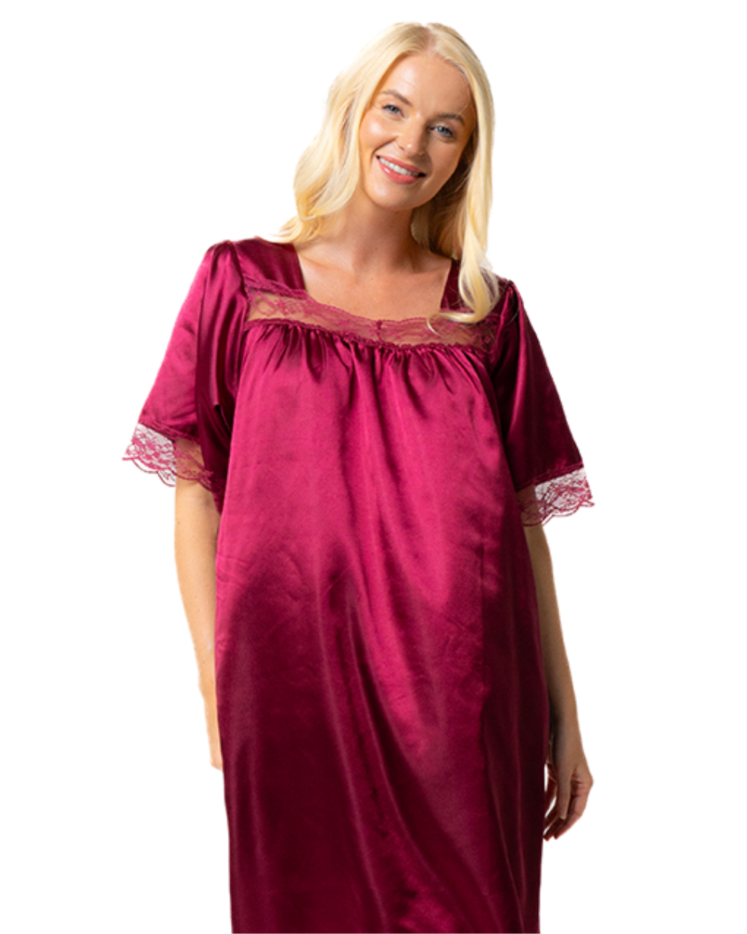 Short Sleeved Lace Trim Satin Nightdress (MK43596)