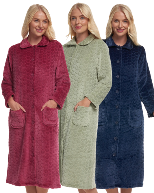Luxury Embossed Fleece Button Up Dressing Gown