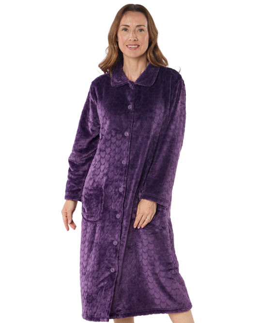 Luxury Embossed Fleece Button Up Dressing Gown (MK43704)