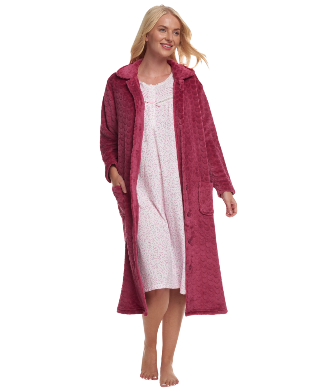 Luxury Embossed Fleece Button Up Dressing Gown (MK43704)