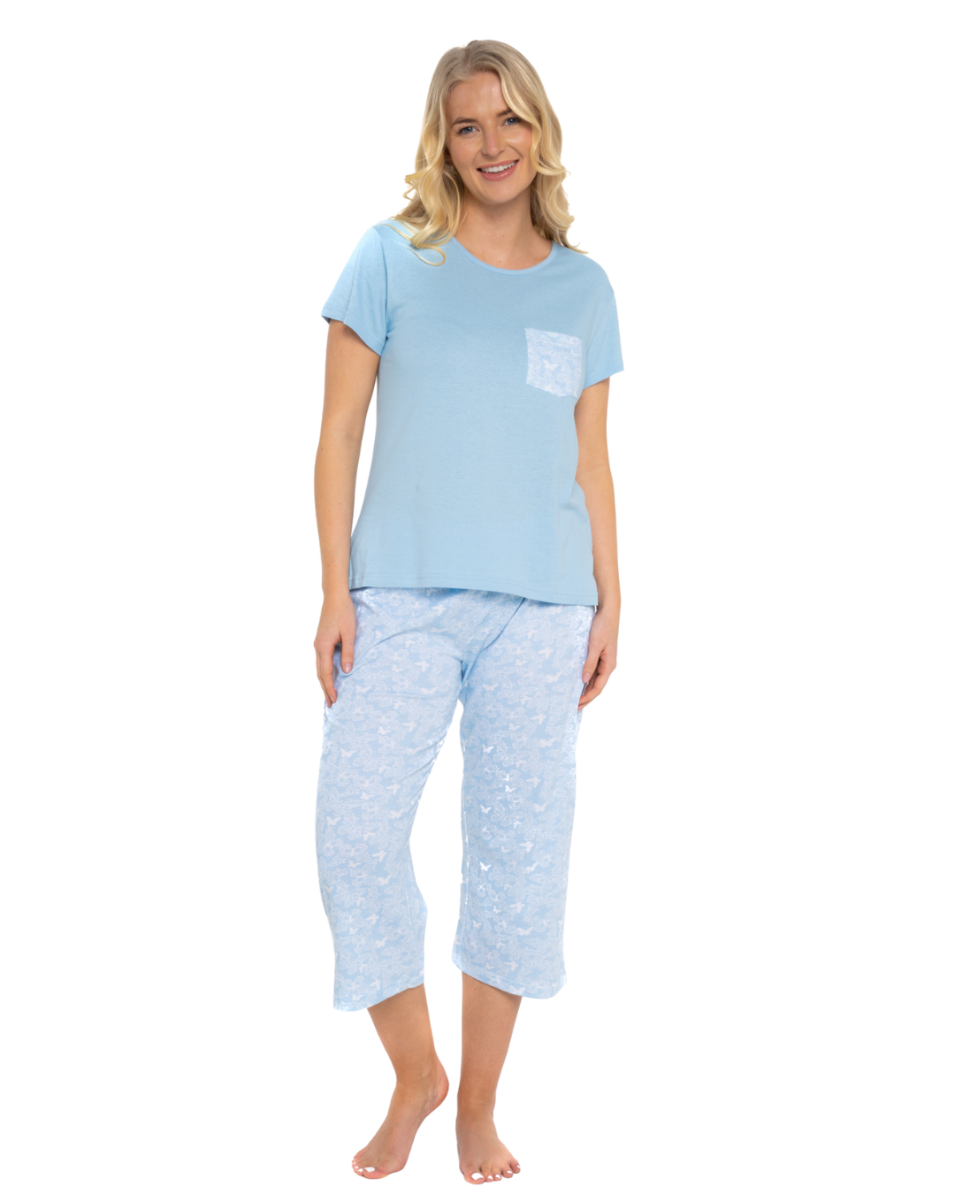 Soft Blue Lace Butterfly 100% Cotton Short Sleeved Cropped Leg Pyjamas