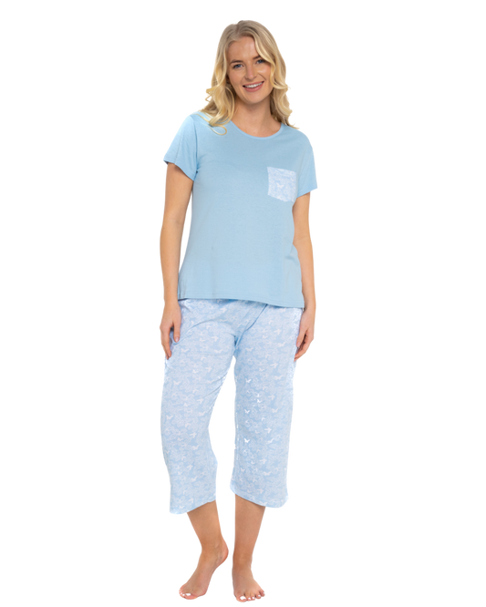 Soft Blue Lace Butterfly 100% Cotton Short Sleeved Cropped Leg Pyjamas
