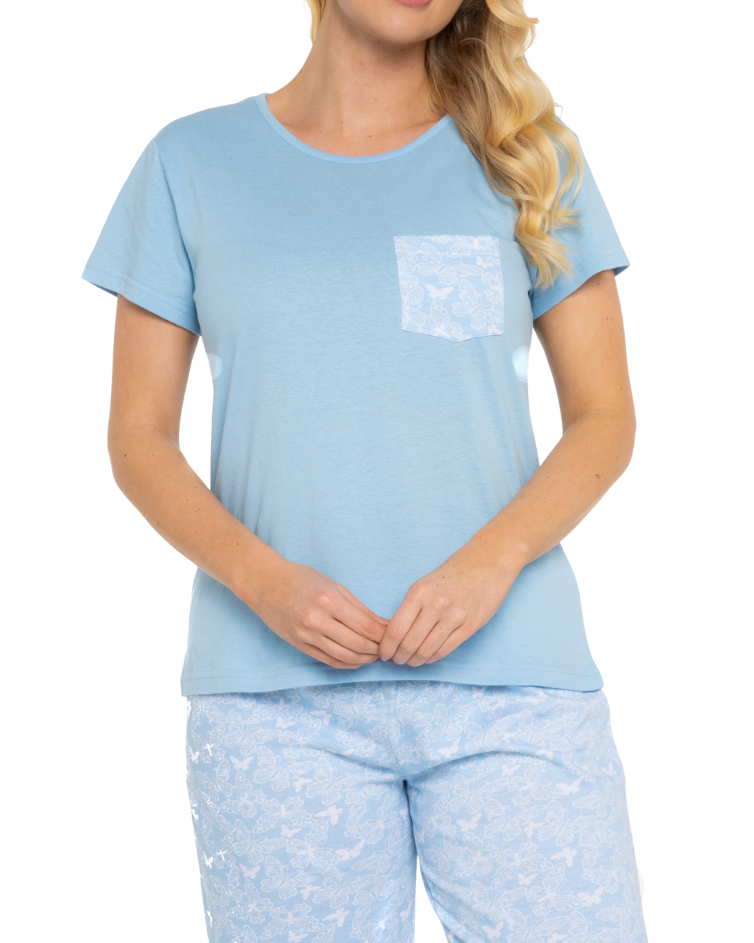 Soft Blue Lace Butterfly 100% Cotton Short Sleeved Cropped Leg Pyjamas